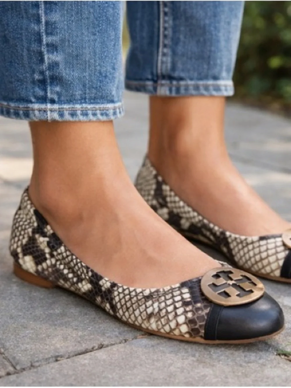 Tory Burch Chelsea / Minnie Cap-Toe Ballet Flats in a snake-print pattern